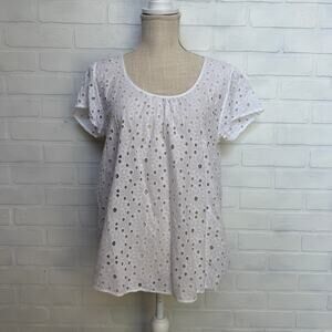 The White Company London Eyelet Round Neck Cap Sleeve White Cotton Top-sz 14